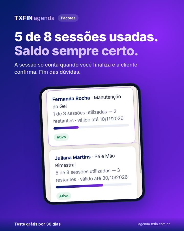 Pacotes com sessões usadas e restantes
