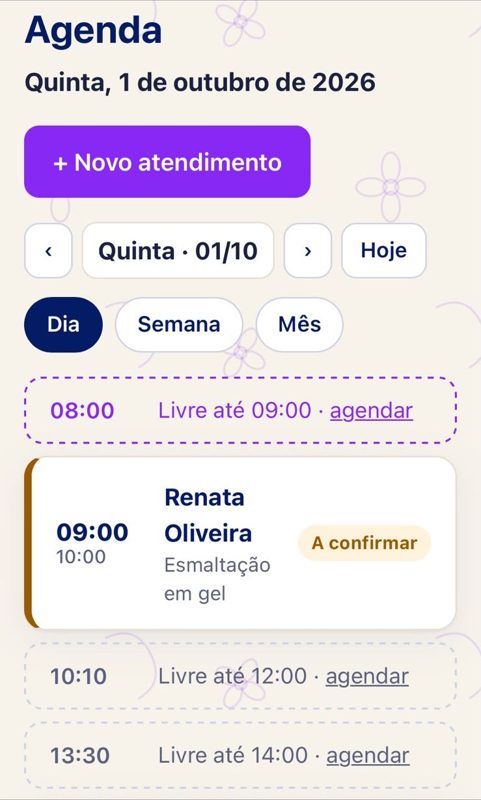Tela da agenda com horários livres
