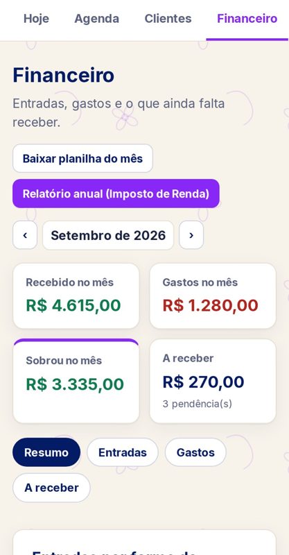 Tela do financeiro do mês